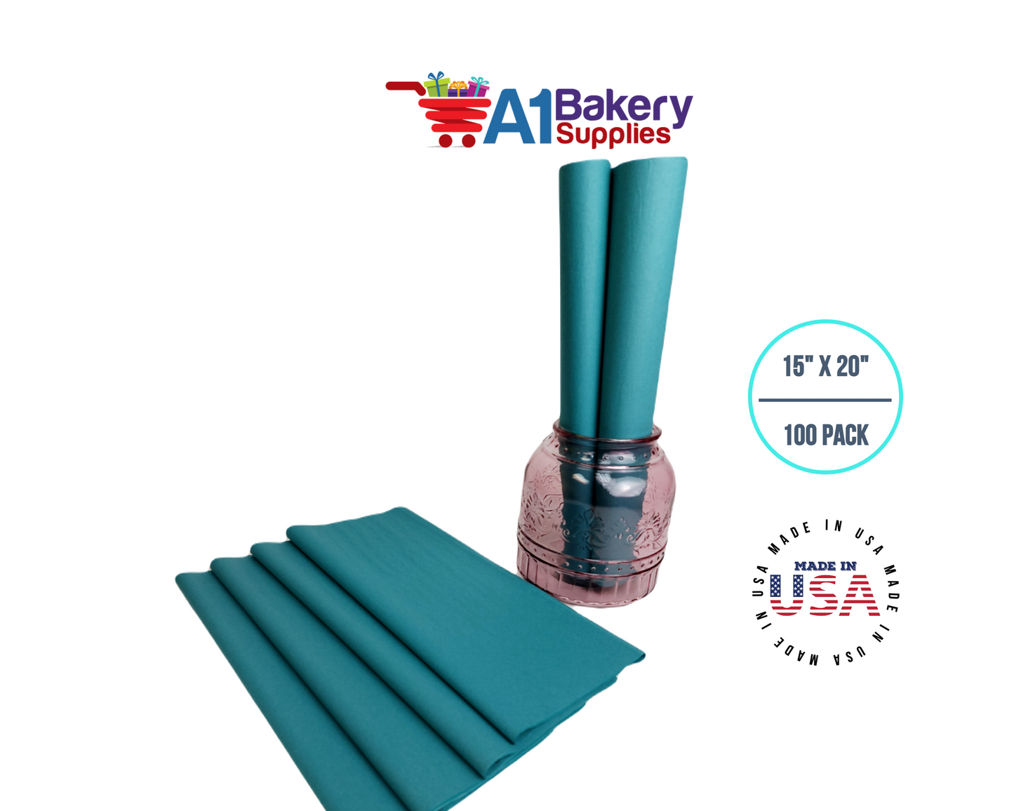 Teal Tissue Paper Squares, Bulk 100 Sheets, Premium Gift Wrap and Art Supplies for Birthdays, Holidays, or Presents by A1BakerySupplies, Medium 15 Inch x 20 Inch