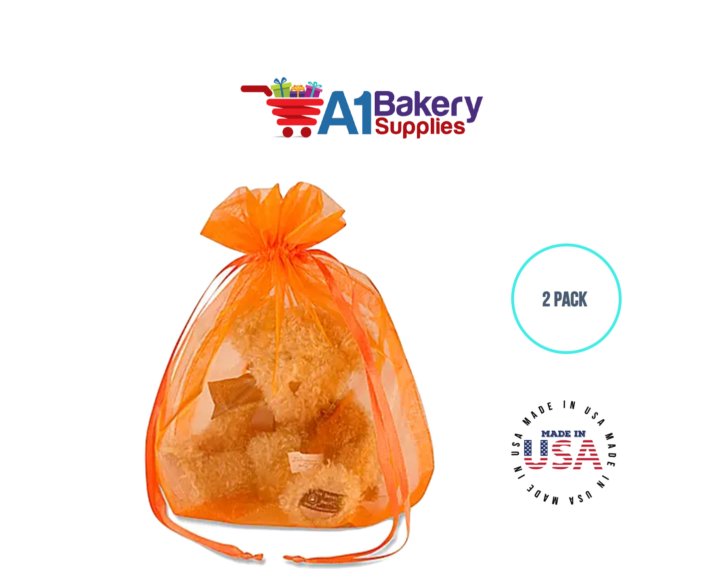 Orange Organza Fabric Gift Bags – Pack of 2 with Size 22.5 x 25 inch by A1 Bakery Supplies