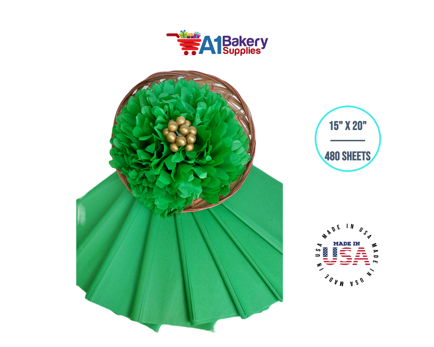 Kelly Green Tissue Paper Squares, Bulk 480 Sheets, Premium Gift Wrap and Art Supplies for Birthdays, Holidays, or Presents by A1BakerySupplies, Large 15 Inch x 20 Inch