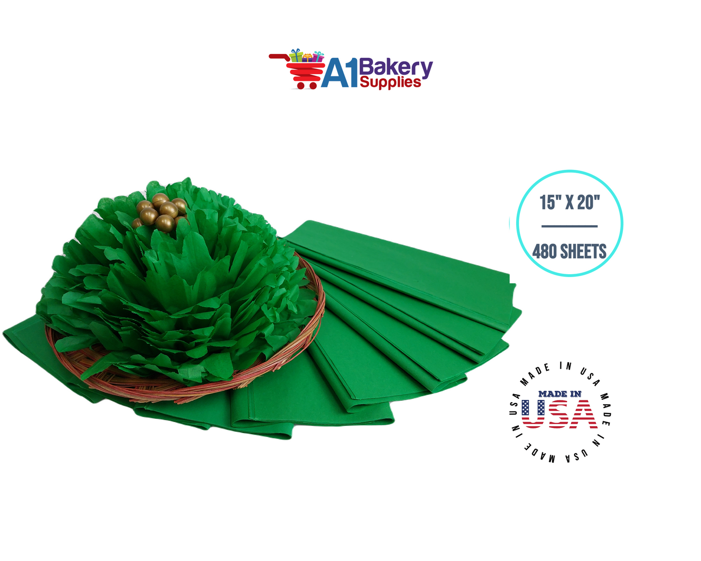 Kelly Green Tissue Paper Squares, Bulk 480 Sheets, Premium Gift Wrap and Art Supplies for Birthdays, Holidays, or Presents by A1BakerySupplies, Large 15 Inch x 20 Inch