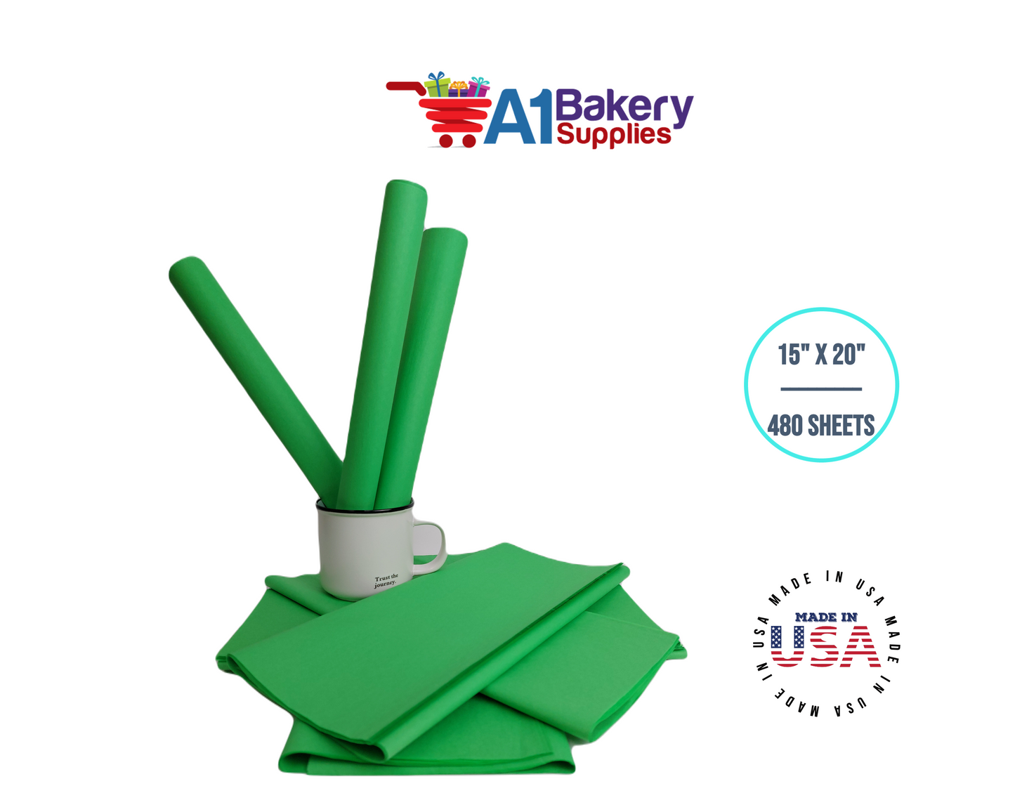 Groovy Green  Tissue Paper Squares, Bulk 480 Sheets, Premium Gift Wrap and Art Supplies for Birthdays, Holidays, or Presents by A1BakerySupplies, Large 15 Inch x 20 Inch