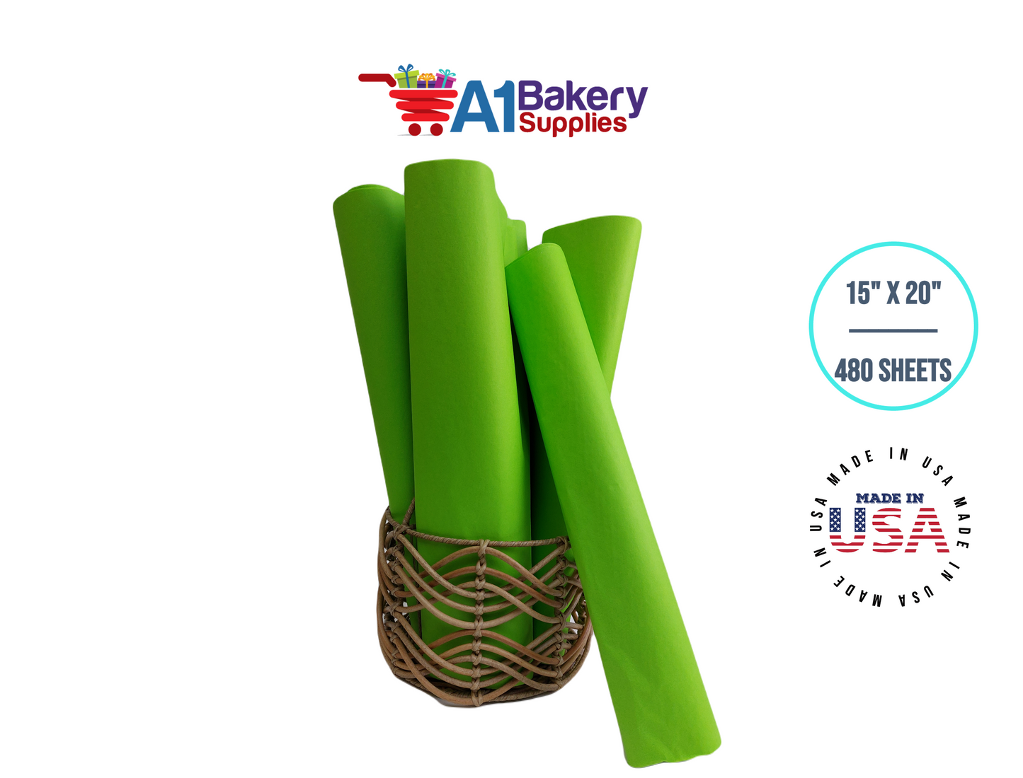 Bright Lime Tissue Paper Squares, Bulk 480 Sheets, Premium Gift Wrap and Art Supplies for Birthdays, Holidays, or Presents by A1BakerySupplies, Large 15 Inch x 20 Inch