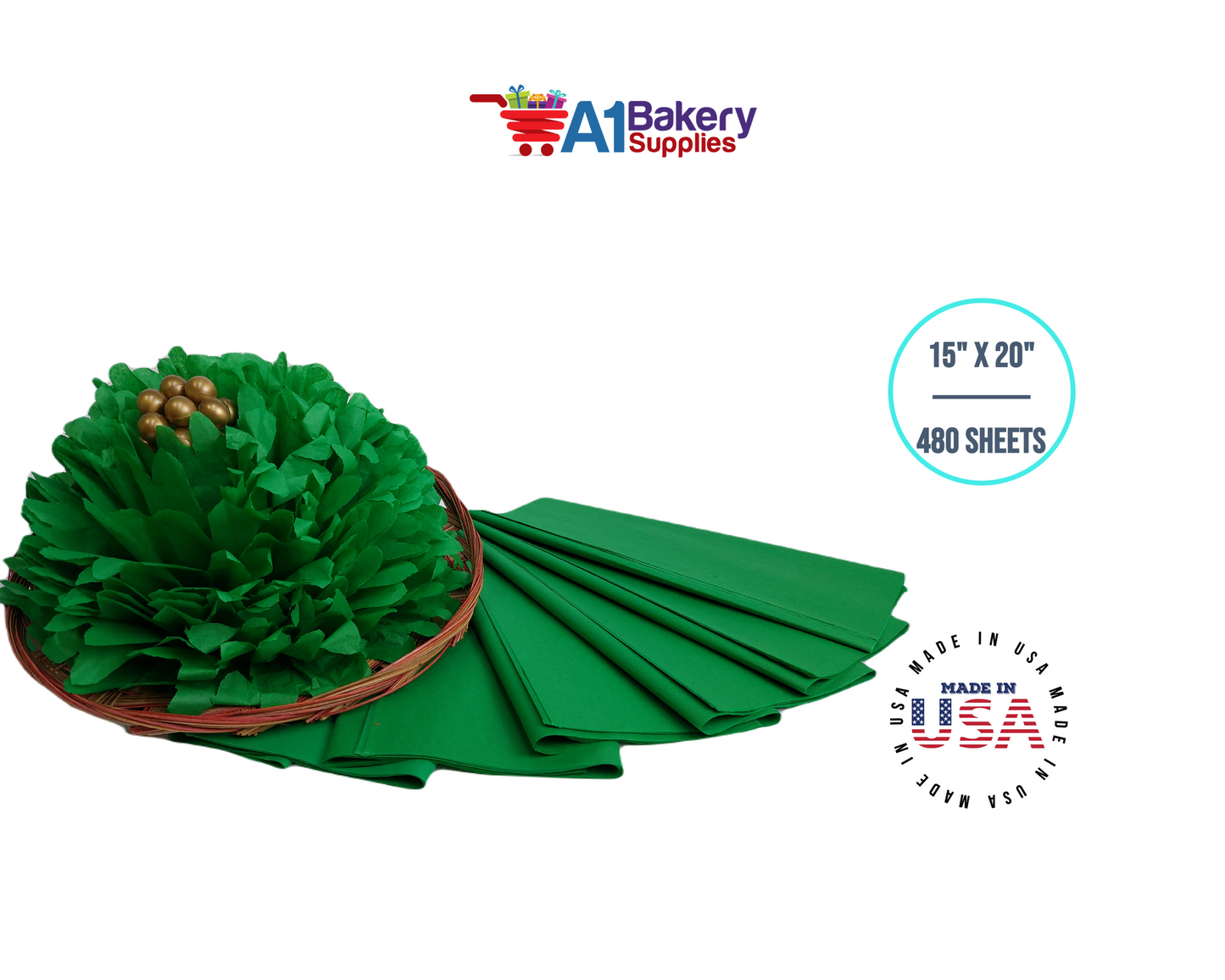 Kelly Green Tissue Paper Squares, Bulk 480 Sheets, Premium Gift Wrap and Art Supplies for Birthdays, Holidays, or Presents by A1BakerySupplies, Large 15 Inch x 20 Inch