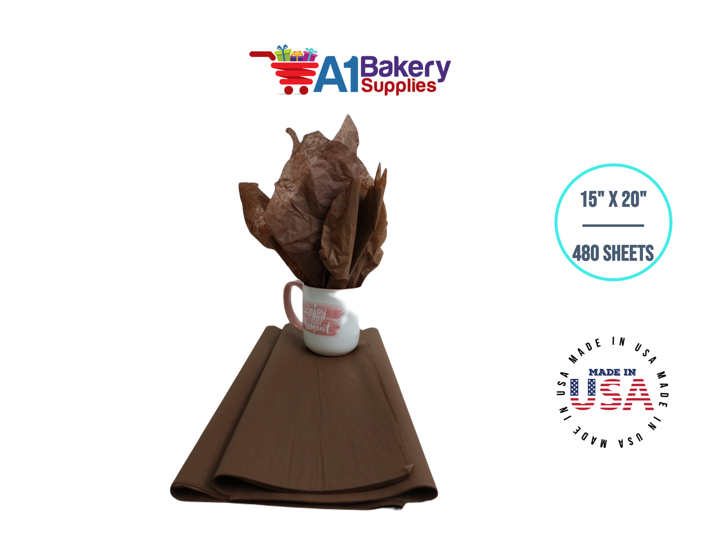 Chocolate Tissue Paper Squares, Bulk 480 Sheets, Premium Gift Wrap and Art Supplies for Birthdays, Holidays, or Presents by A1BakerySupplies, Large 15 Inch x 20 Inch