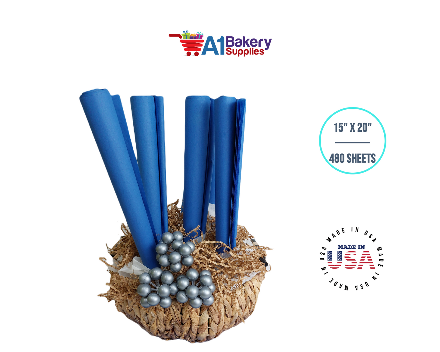 Dark Blue Tissue Paper Squares, Bulk 480 Sheets, Premium Gift Wrap and Art Supplies for Birthdays, Holidays, or Presents by A1BakerySupplies, Large 15 Inch x 20 Inch