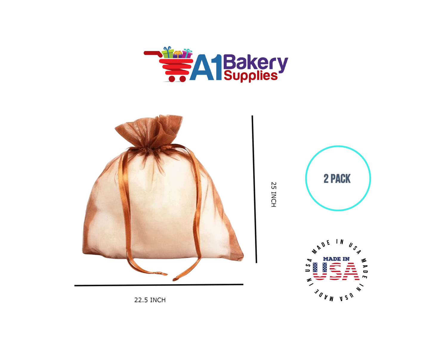 Copper Organza Fabric Gift Bags – Pack of 2 with Size 22.5 x 25 inch by A1 Bakery Supplies