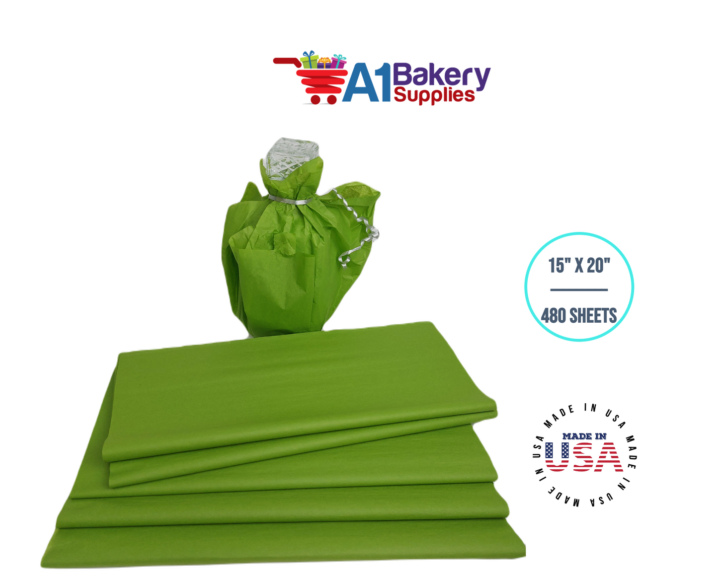 Oasis Green Tissue Paper Squares, Bulk 480 Sheets, Premium Gift Wrap and Art Supplies for Birthdays, Holidays, or Presents by A1BakerySupplies, Large 15 Inch x 20 Inch