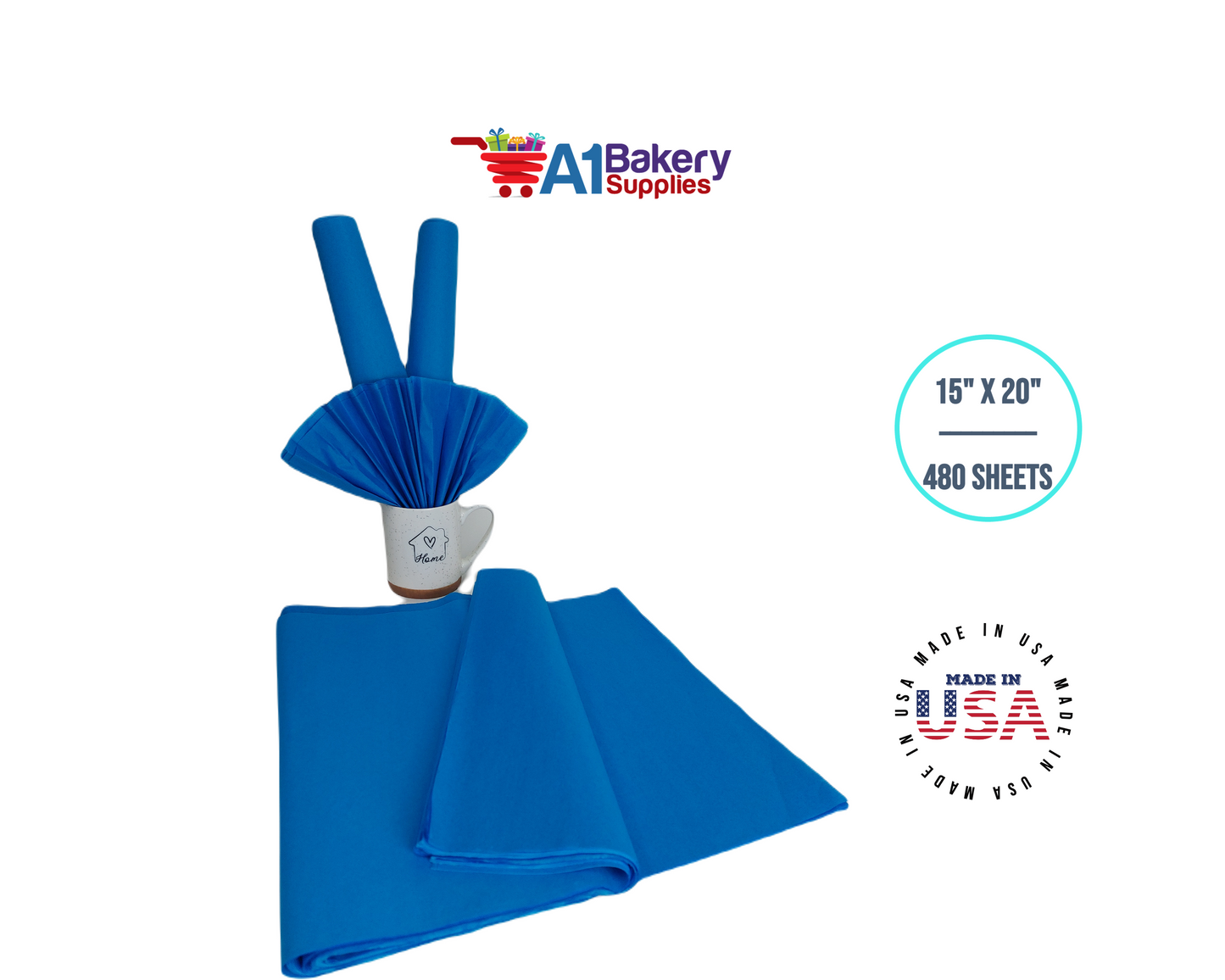 Sapphire Blue Tissue Paper Squares, Bulk 480 Sheets, Premium Gift Wrap and Art Supplies for Birthdays, Holidays, or Presents by A1BakerySupplies, Large 15 Inch x 20 Inch