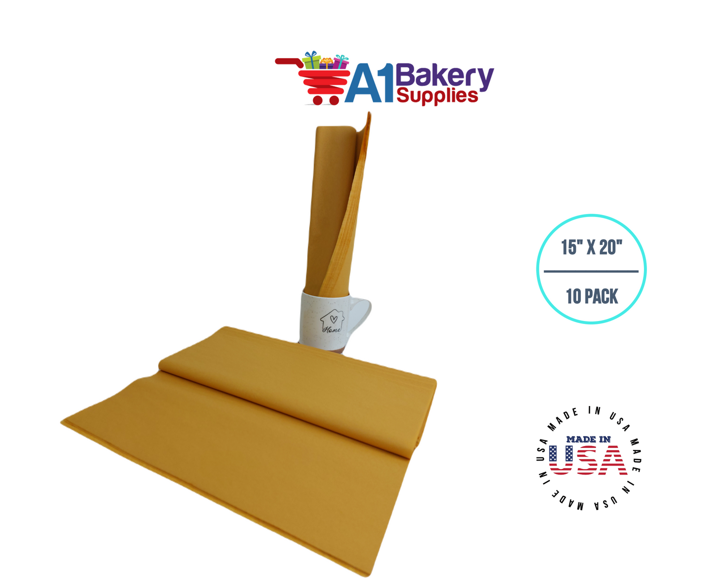 Noble gold Tissue Paper Squares, Bulk 10 Sheets, Premium Gift Wrap and Art Supplies for Birthdays, Holidays, or Presents by A1BakerySupplies, Large 15 Inch x 20 Inch