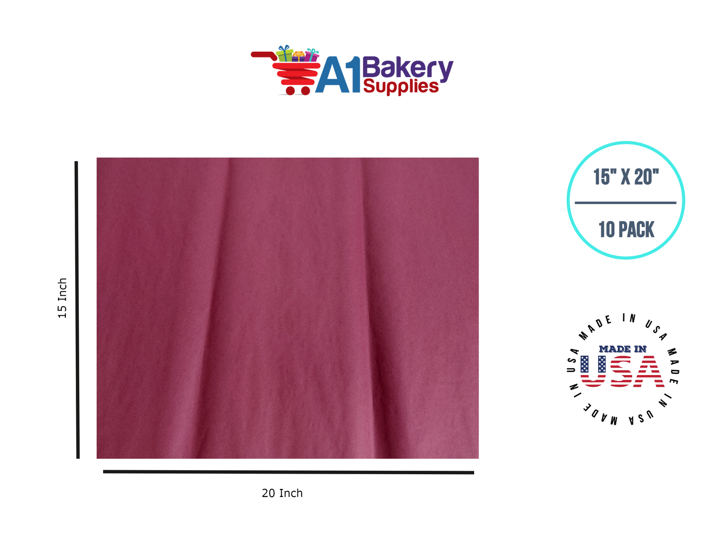 Burgundy Tissue Paper Squares, Bulk 10 Sheets, Premium Gift Wrap and Art Supplies for Birthdays, Holidays, or Presents by A1BakerySupplies, Large 15 Inch x 20 Inch