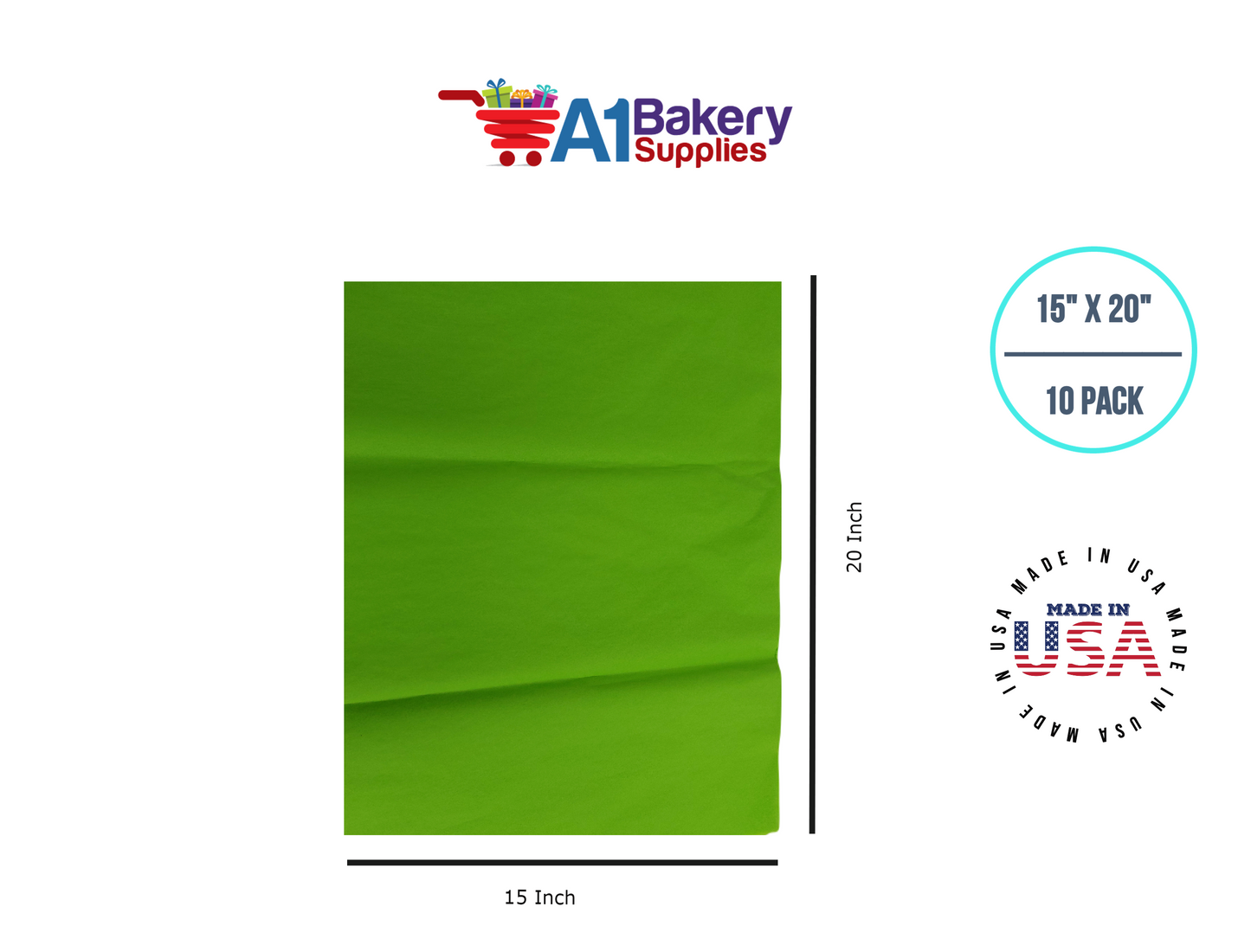 Bright Lime Tissue Paper Squares, Bulk 10 Sheets, Premium Gift Wrap and Art Supplies for Birthdays, Holidays, or Presents by A1BakerySupplies, Small 15 Inch x 20 Inch