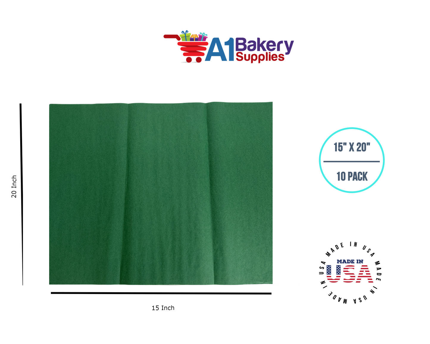Holiday Green Tissue Paper Squares, Bulk 10 Sheets, Premium Gift Wrap and Art Supplies for Birthdays, Holidays, or Presents by A1BakerySupplies, Large 15 Inch x 20 Inch