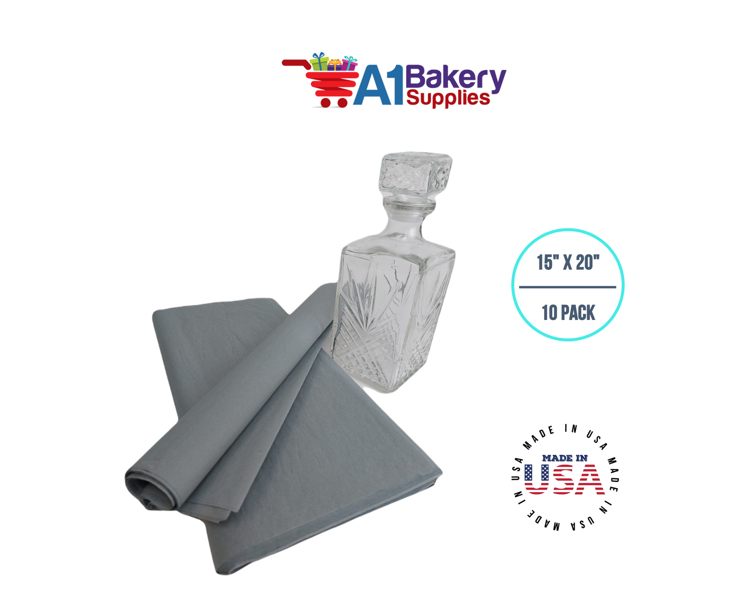 Gray Tissue Paper Squares, Bulk 10 Sheets, Premium Gift Wrap and Art Supplies for Birthdays, Holidays, or Presents by A1BakerySupplies, Small 15 Inch x 20 Inch