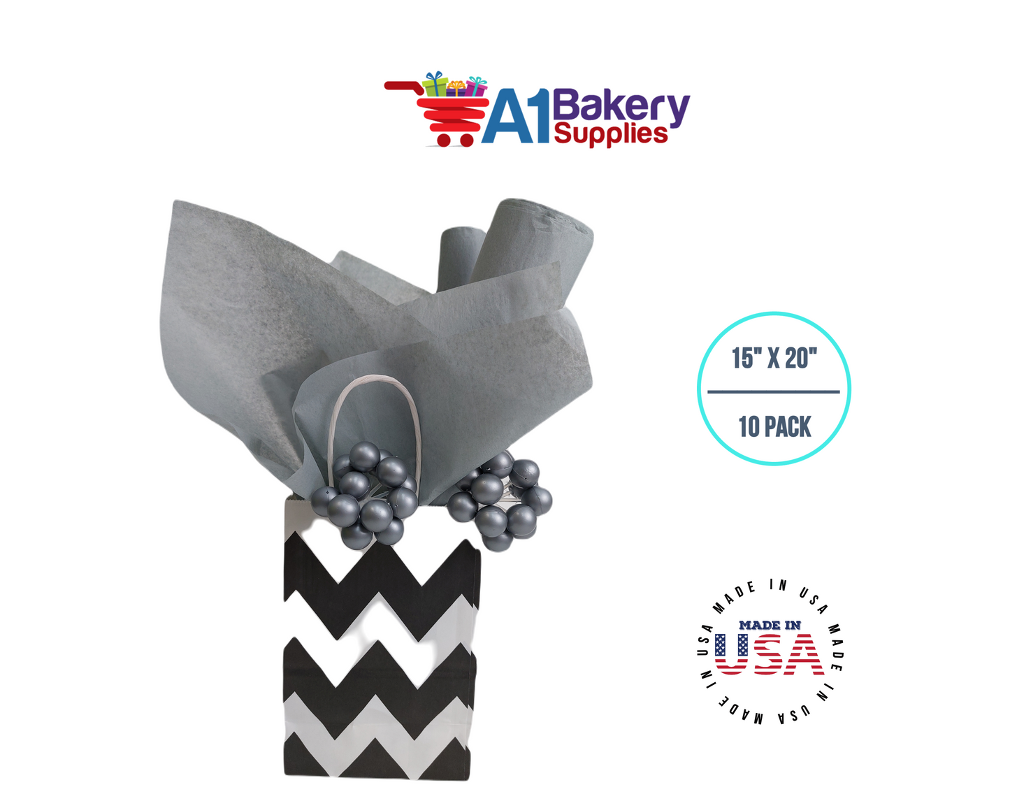 Gray Tissue Paper Squares, Bulk 10 Sheets, Premium Gift Wrap and Art Supplies for Birthdays, Holidays, or Presents by A1BakerySupplies, Small 15 Inch x 20 Inch