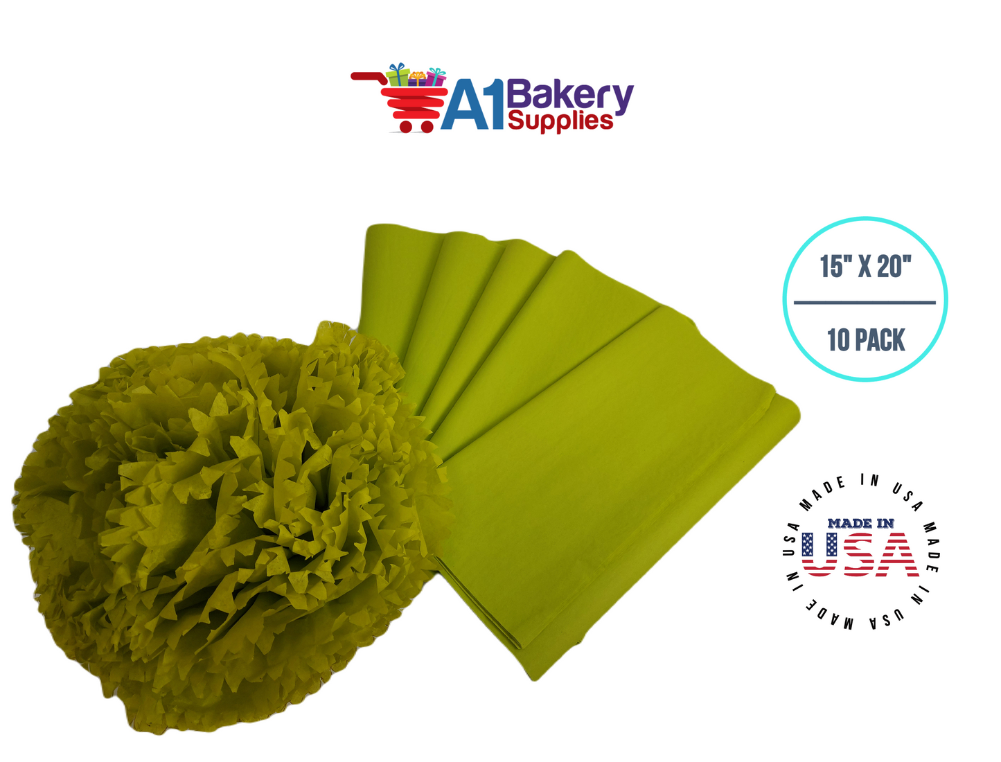 Citrus Green Tissue Paper Squares, Bulk 10 Sheets, Premium Gift Wrap and Art Supplies for Birthdays, Holidays, or Presents by A1BakerySupplies, Small 15 Inch x 20 Inch