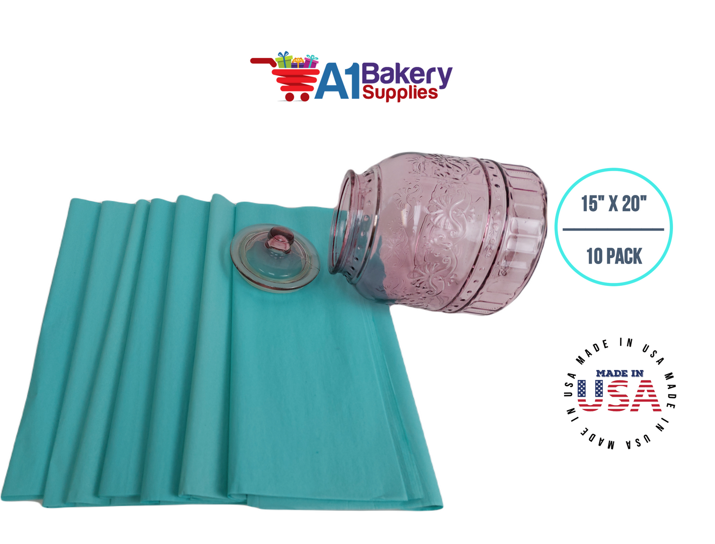 Aqua Blue Tissue Paper Squares, Bulk 10 Sheets, Premium Gift Wrap and Art Supplies for Birthdays, Holidays, or Presents by A1BakerySupplies, Small 15 Inch x 20 Inch