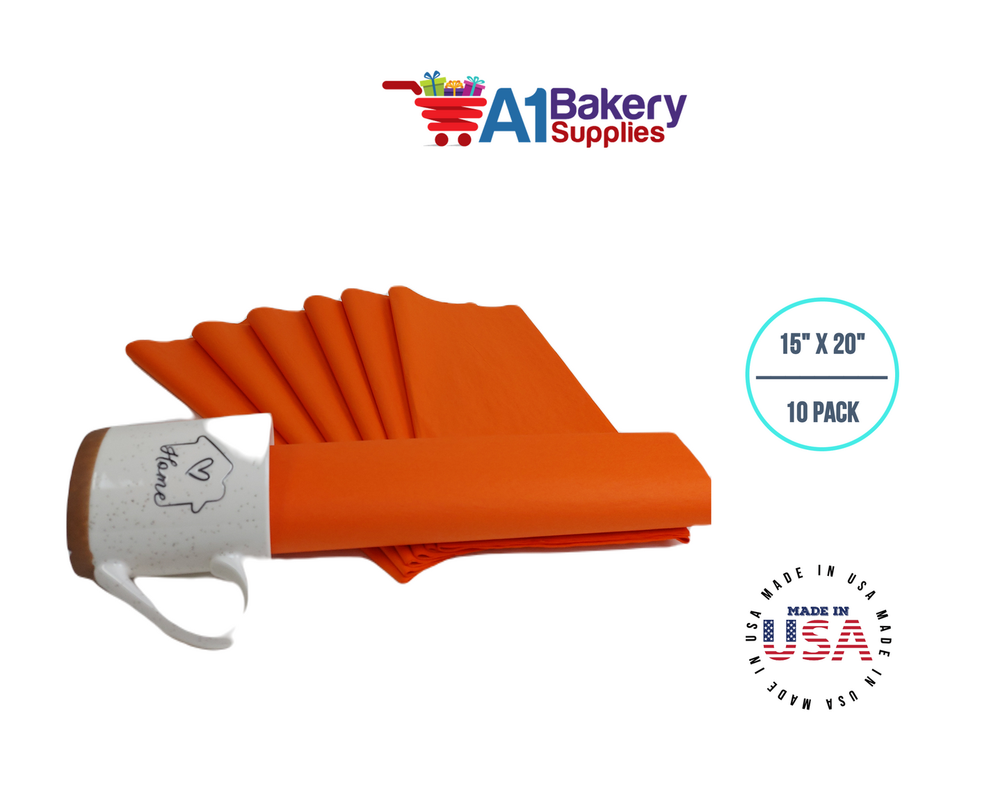 Orange Tissue Paper Squares, Bulk 10 Sheets, Premium Gift Wrap and Art Supplies for Birthdays, Holidays, or Presents by A1BakerySupplies, Large 15 Inch x 20 Inch