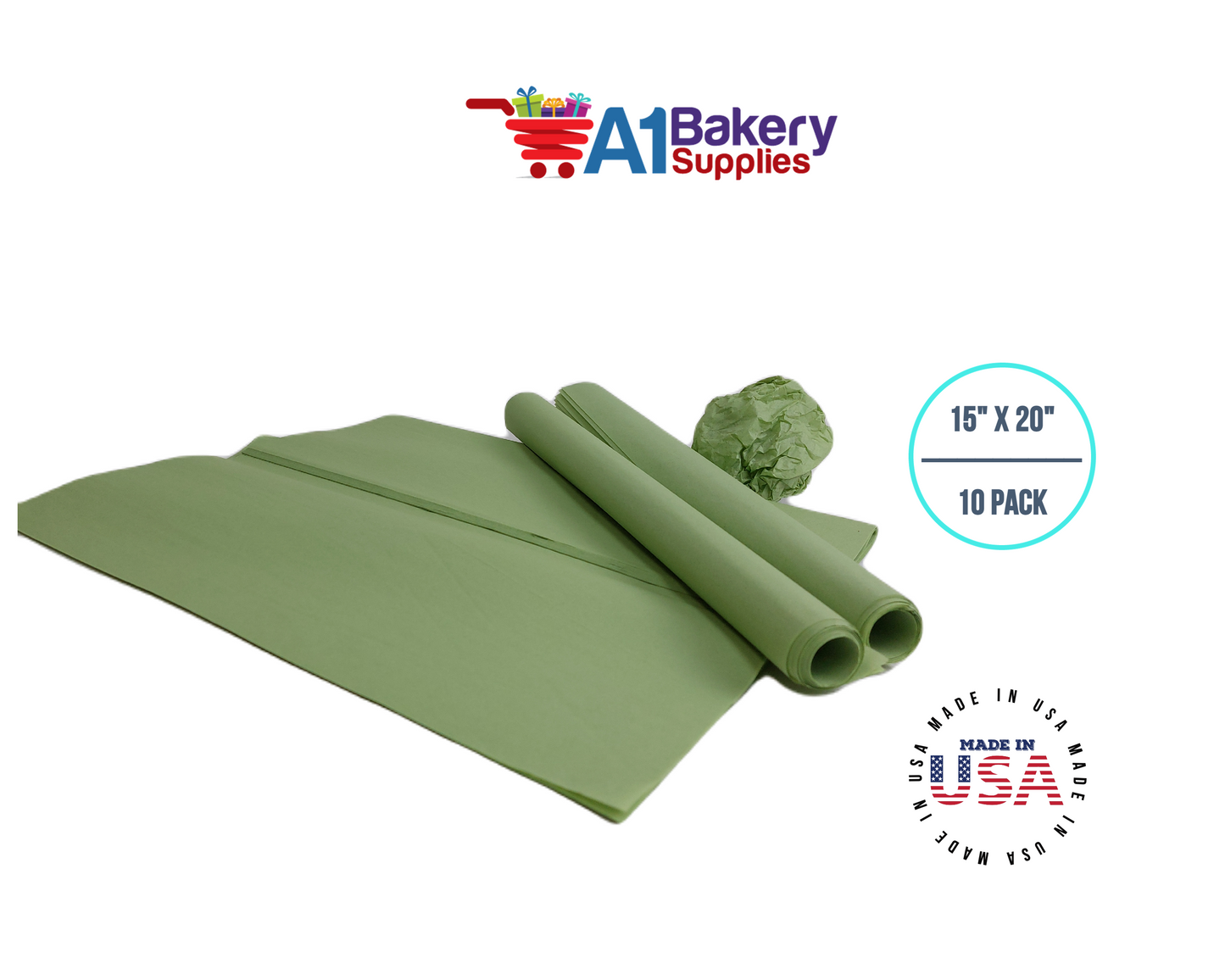 Sage Tissue Paper Squares, Bulk 10 Sheets, Premium Gift Wrap and Art Supplies for Birthdays, Holidays, or Presents by A1BakerySupplies, Small 15 Inch x 20 Inch