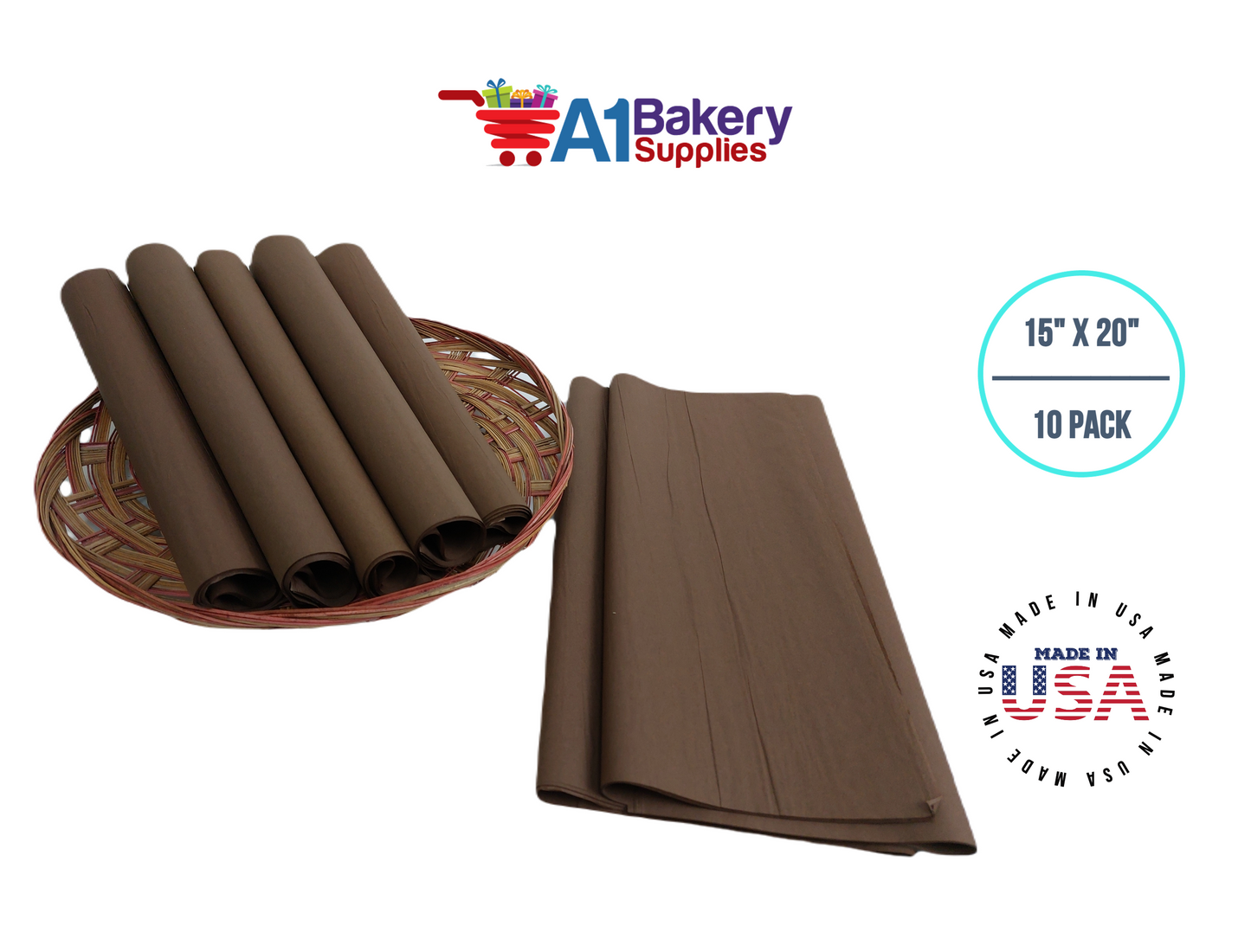 Chocolate Tissue Paper Squares, Bulk 10 Sheets, Premium Gift Wrap and Art Supplies for Birthdays, Holidays, or Presents by A1BakerySupplies, Small 15 Inch x 20 Inch