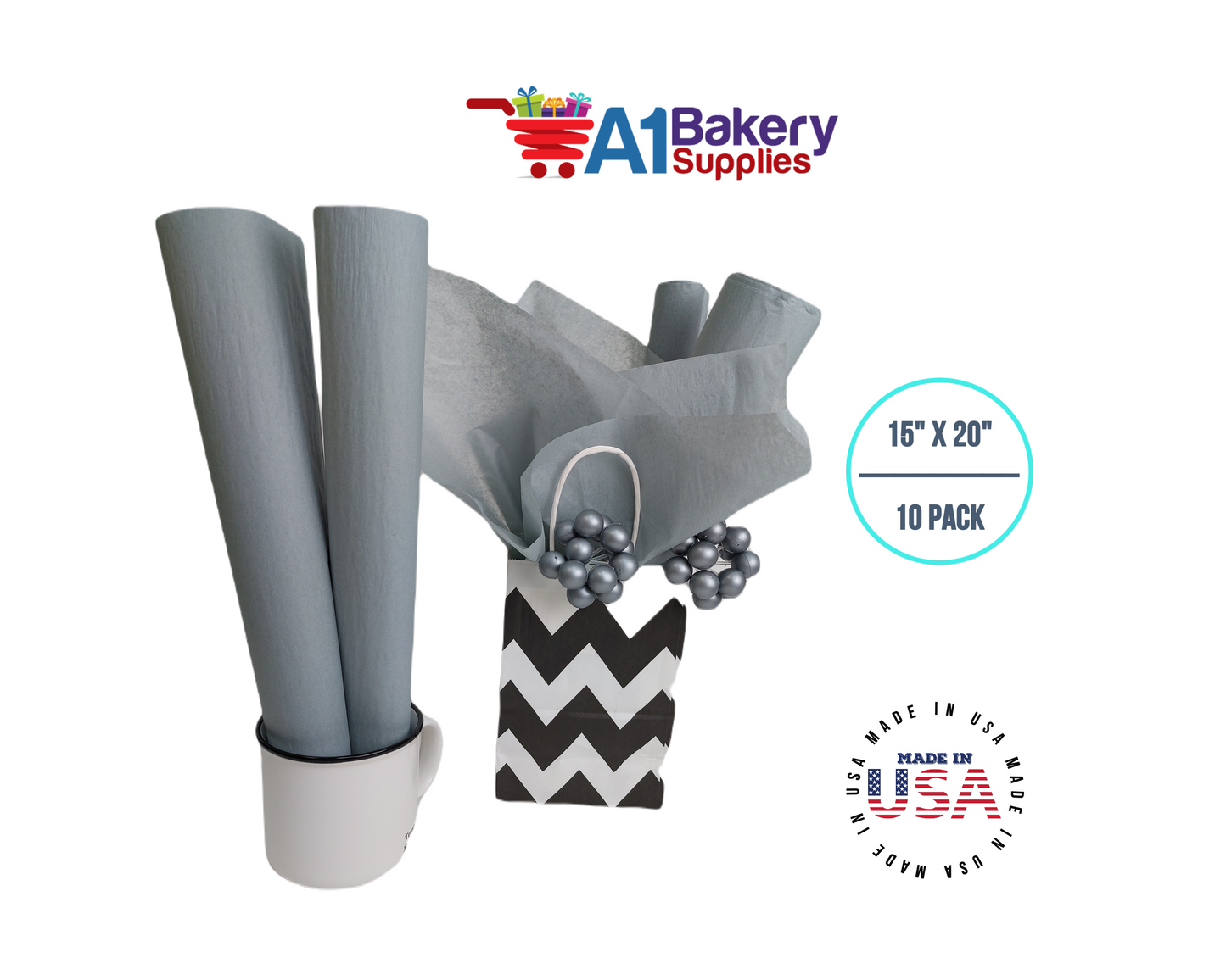Gray Tissue Paper Squares, Bulk 10 Sheets, Premium Gift Wrap and Art Supplies for Birthdays, Holidays, or Presents by A1BakerySupplies, Small 15 Inch x 20 Inch