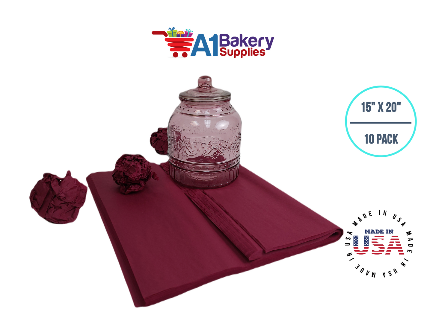 Burgundy Tissue Paper Squares, Bulk 10 Sheets, Premium Gift Wrap and Art Supplies for Birthdays, Holidays, or Presents by A1BakerySupplies, Large 15 Inch x 20 Inch