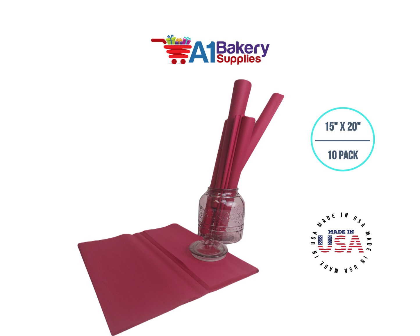 Cranberry Tissue Paper Squares, Bulk 10 Sheets, Premium Gift Wrap and Art Supplies for Birthdays, Holidays, or Presents by A1BakerySupplies, Small 15 Inch x 20 Inch