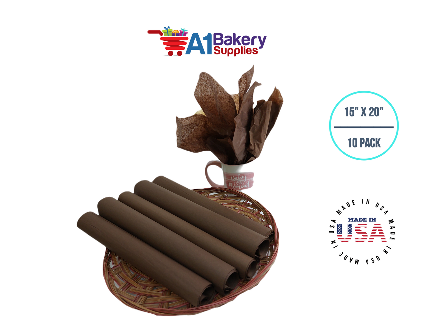 Chocolate Tissue Paper Squares, Bulk 10 Sheets, Premium Gift Wrap and Art Supplies for Birthdays, Holidays, or Presents by A1BakerySupplies, Small 15 Inch x 20 Inch