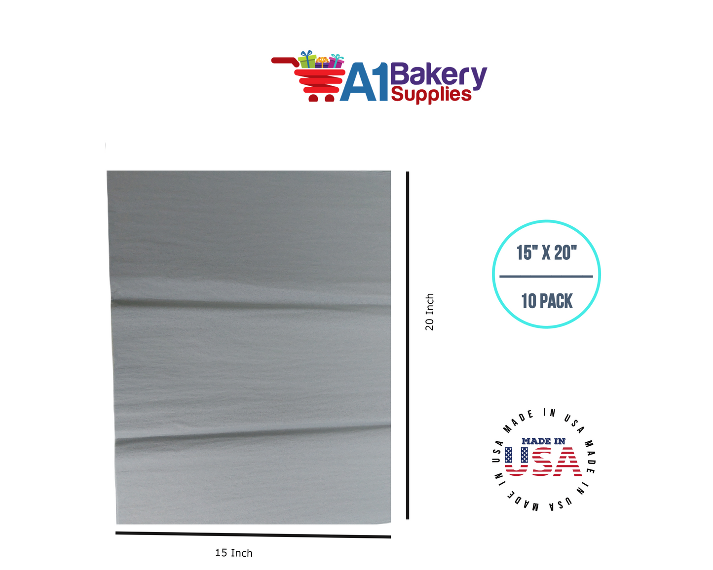 Gray Tissue Paper Squares, Bulk 10 Sheets, Premium Gift Wrap and Art Supplies for Birthdays, Holidays, or Presents by A1BakerySupplies, Small 15 Inch x 20 Inch