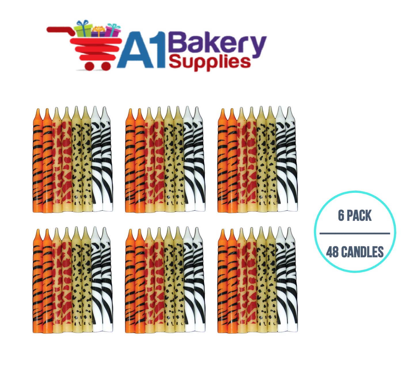A1BakerySupplies Animal Print Birthday Candles 6 pack for Birthday Cake Decorations and Anniversary