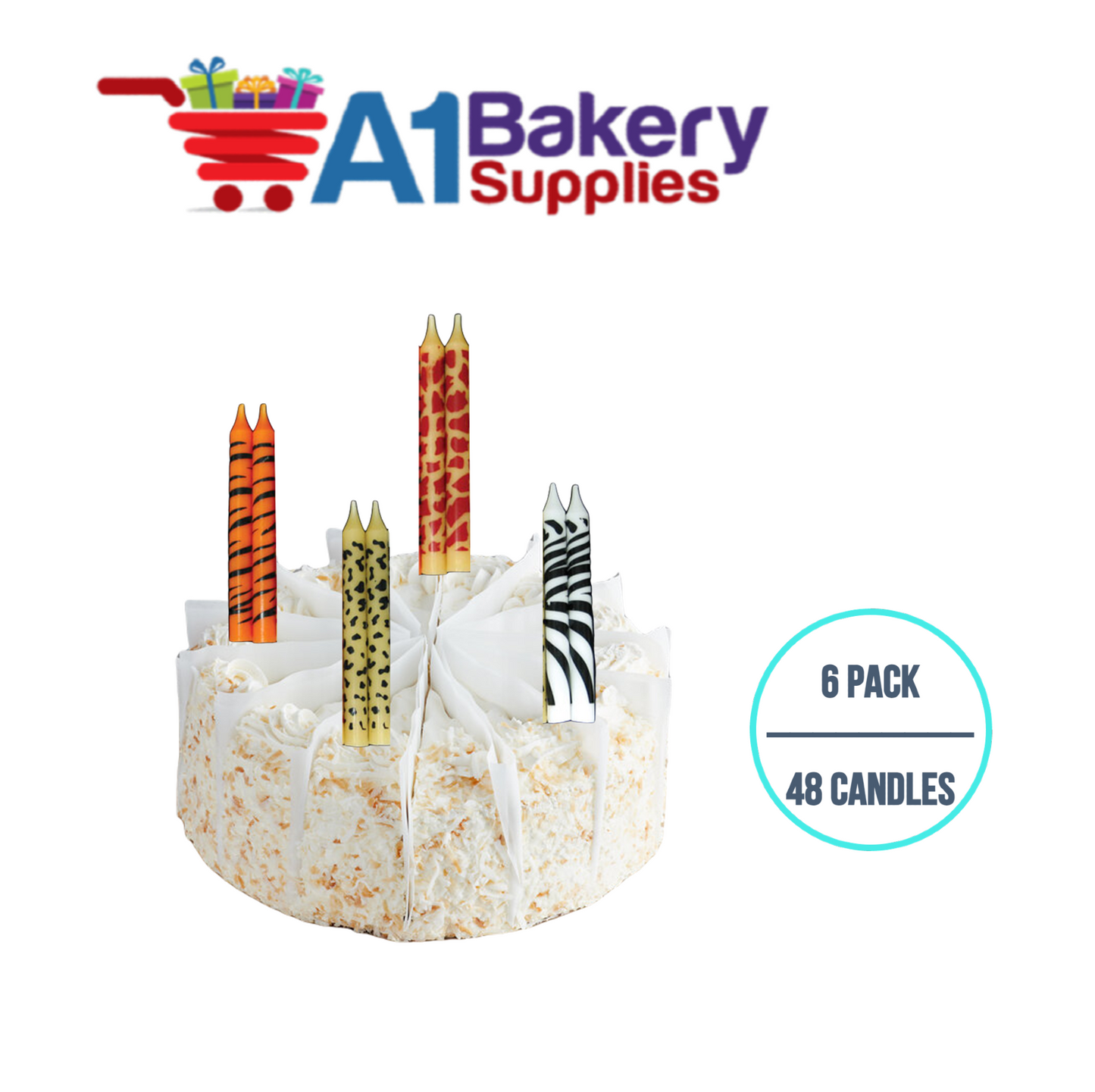 A1BakerySupplies Animal Print Birthday Candles 6 pack for Birthday Cake Decorations and Anniversary