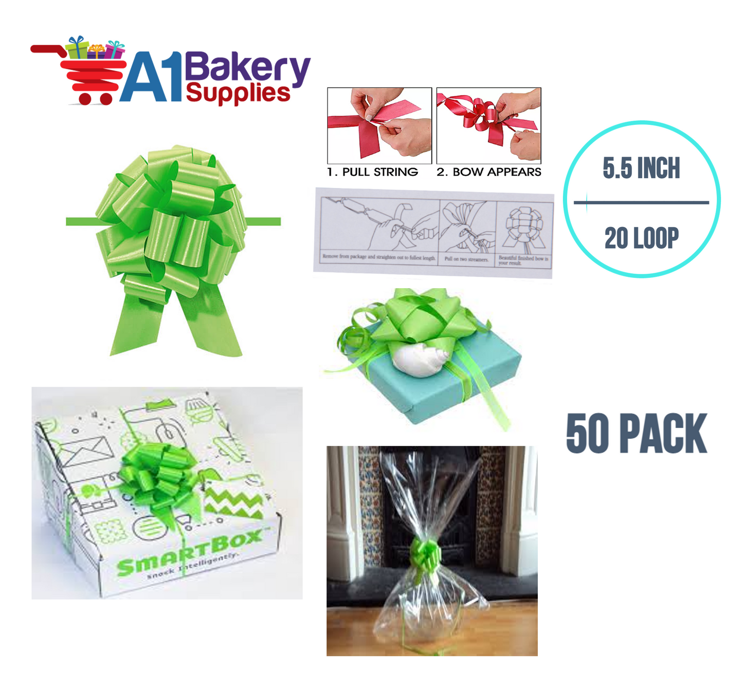 A1BakerySupplies 50 Pieces Pull Bow for Gift Wrapping Gift Bows Pull Bow With Ribbon for Wedding Gift Baskets, 5.5 Inch 20 Loop in Citrus Green Color