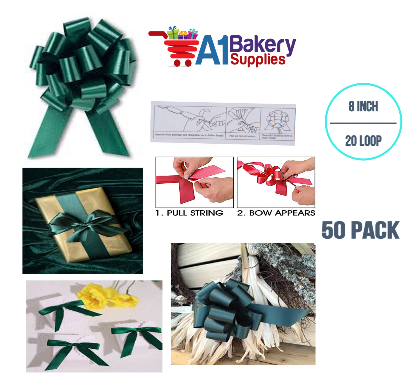 A1BakerySupplies 50 Pieces Pull Bow for Gift Wrapping Gift Bows Pull Bow With Ribbon for Wedding Gift Baskets, 8 Inch 20 Loop Hunter Green Flora Satin Color