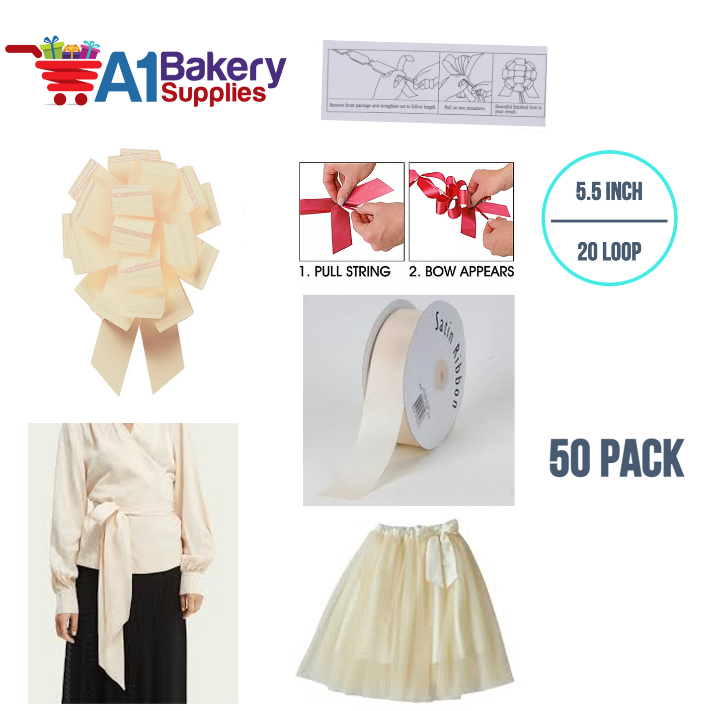 A1BakerySupplies 50 Pieces Pull Bow for Gift Wrapping Gift Bows Pull Bow With Ribbon for Wedding Gift Baskets, 5.5 Inch 20 Loop in Egg Shell Color