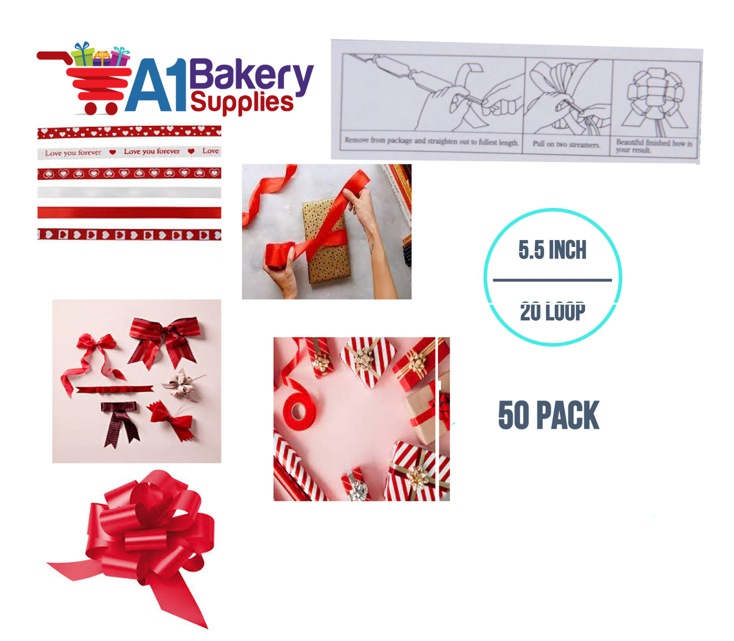 A1BakerySupplies 50 Pieces Pull Bow for Gift Wrapping Gift Bows Pull Bow With Ribbon for Wedding Gift Baskets, 5.5 Inch 20 Loop in Red Color