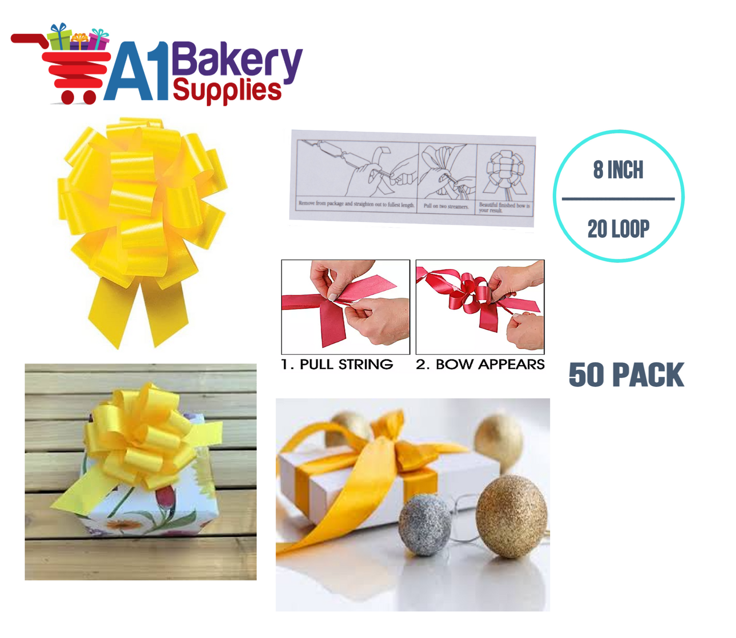 A1BakerySupplies 50 Pieces Pull Bow for Gift Wrapping Gift Bows Pull Bow With Ribbon for Wedding Gift Baskets, 8 Inch 20 Loop Yellow Daffodil Flora Satin Color