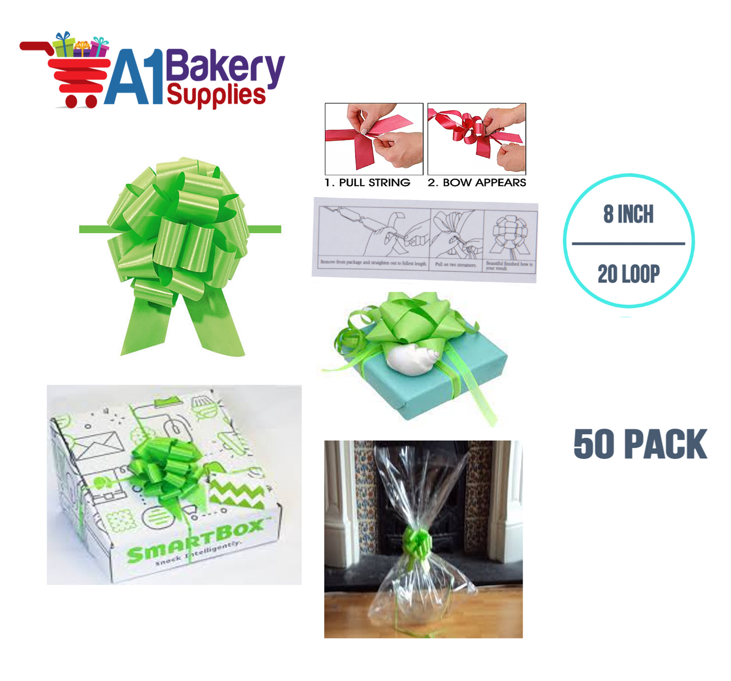 A1BakerySupplies 50 Pieces Pull Bow for Gift Wrapping Gift Bows Pull Bow With Ribbon for Wedding Gift Baskets, 8 Inch 20 Loop Citrus Green Flora Satin Color