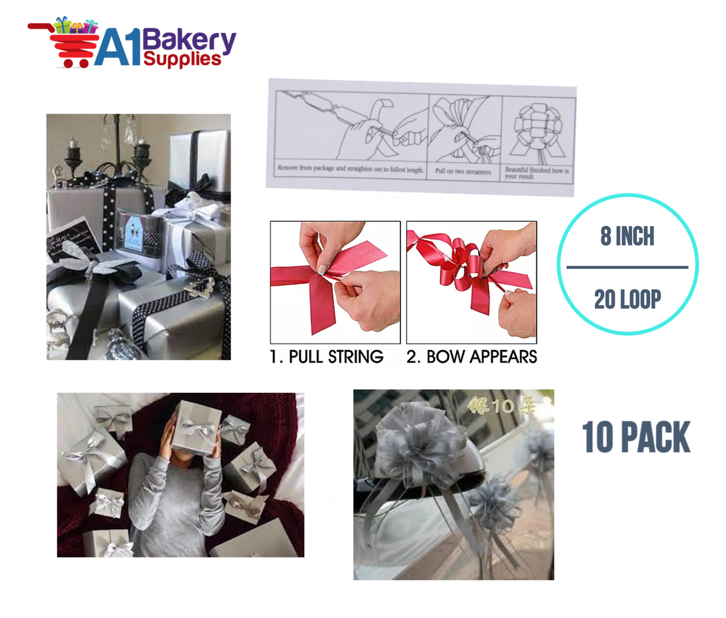 A1BakerySupplies 10 Pieces Pull Bow for Gift Wrapping Gift Bows Pull Bow With Ribbon for Wedding Gift Baskets, 8 Inch 20 Loop in Silver Color