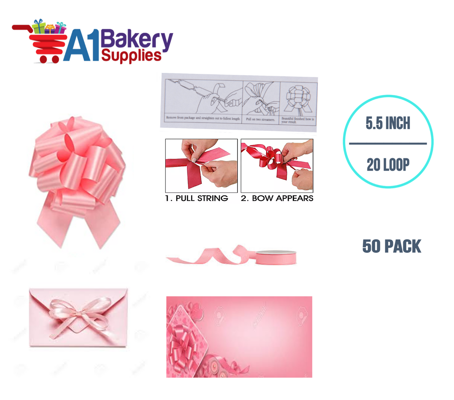 A1BakerySupplies 50 Pieces Pull Bow for Gift Wrapping Gift Bows Pull Bow With Ribbon for Wedding Gift Baskets, 5.5 Inch 20 Loop in Light Pink Color