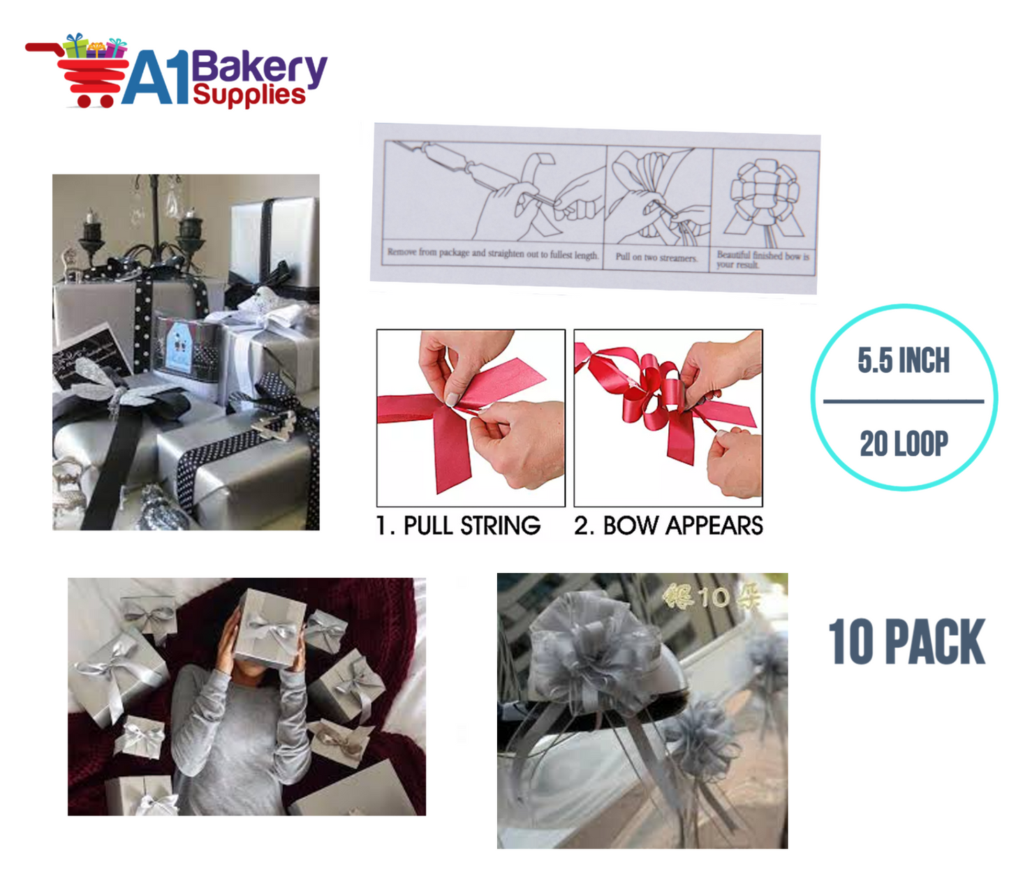 A1BakerySupplies 10 Pieces Pull Bow for Gift Wrapping Gift Bows Pull Bow With Ribbon for Wedding Gift Baskets, 5.5 Inch 20 Loop in Silver Color
