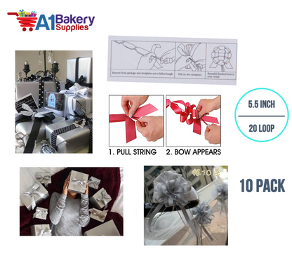 A1BakerySupplies 10 Pieces Pull Bow for Gift Wrapping Gift Bows Pull Bow With Ribbon for Wedding Gift Baskets, 5.5 Inch 20 Loop in Silver Color