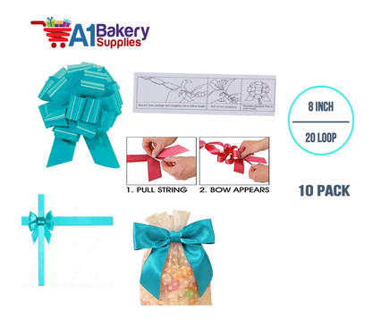 A1BakerySupplies 10 Pieces Pull Bow for Gift Wrapping Gift Bows Pull Bow With Ribbon for Wedding Gift Baskets, 8 Inch 20 Loop Turquoise Flora Satin Color