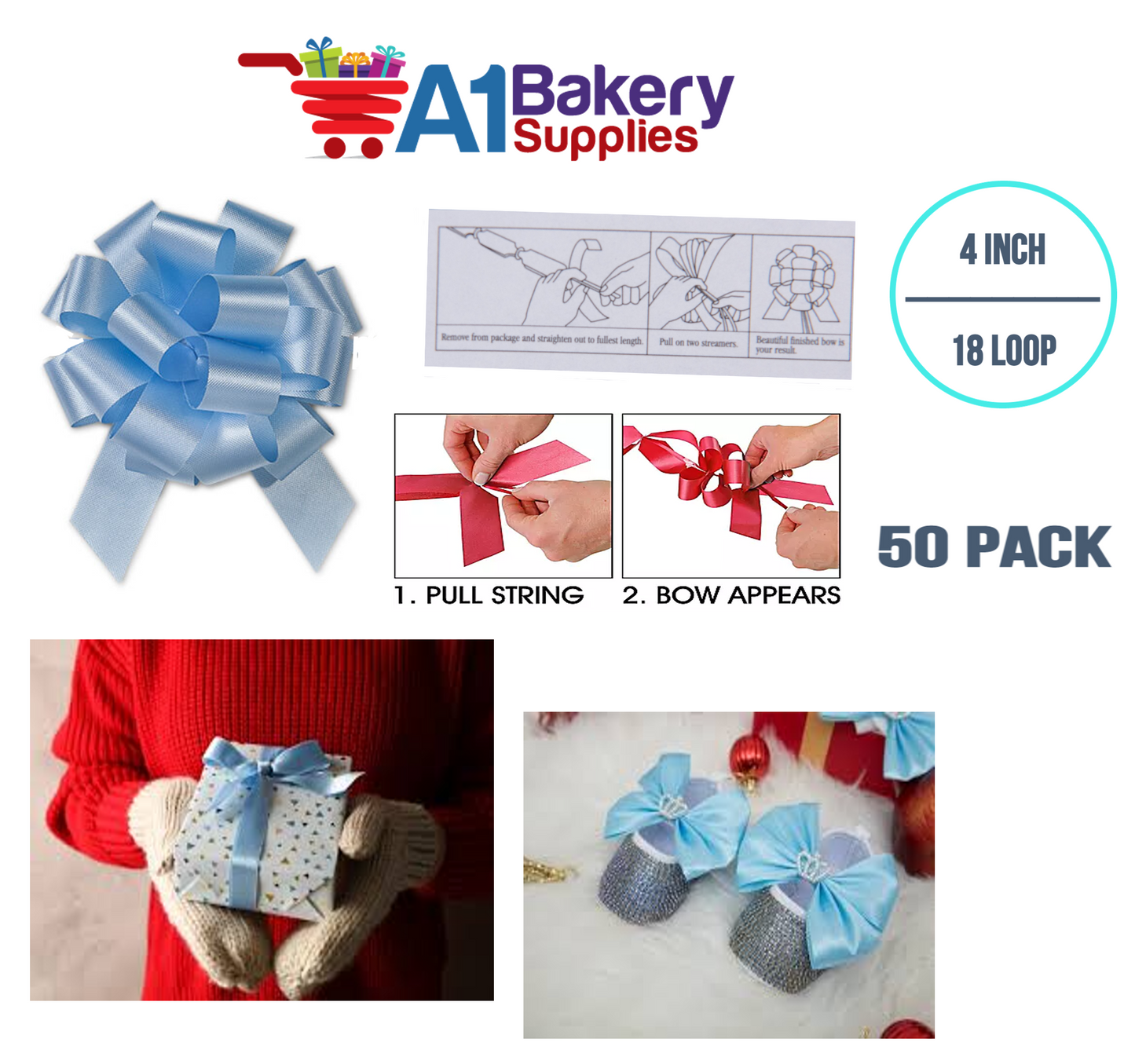 A1BakerySupplies 50 Pieces Pull Bow for Gift Wrapping Gift Bows Pull Bow With Ribbon for Wedding Gift Baskets, 4 Inch 18 Loop Light Blue Flora Satin Color