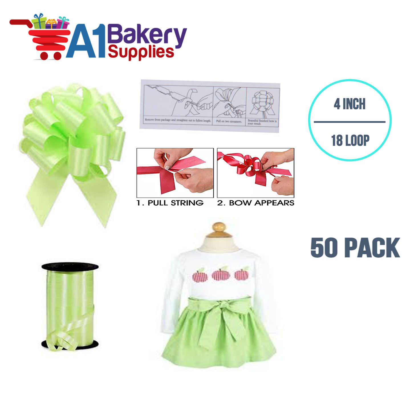 A1BakerySupplies 50 Pieces Pull Bow for Gift Wrapping Gift Bows Pull Bow With Ribbon for Wedding Gift Baskets, 4 Inch 18 Loop Celery Flora Satin Color