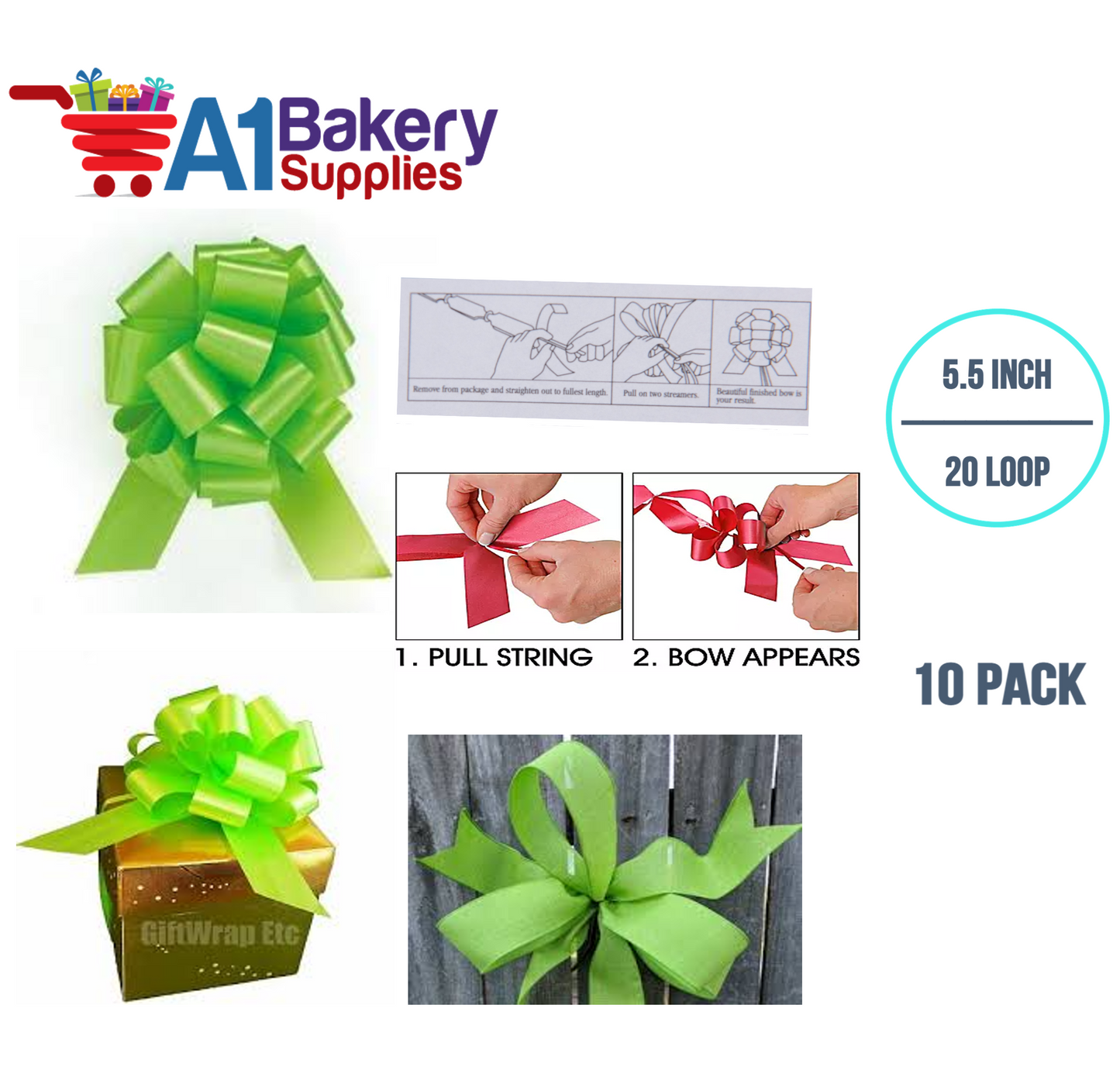 A1BakerySupplies 10 Pieces Pull Bow for Gift Wrapping Gift Bows Pull Bow With Ribbon for Wedding Gift Baskets, 5.5 Inch 20 Loop in Lime Green Color