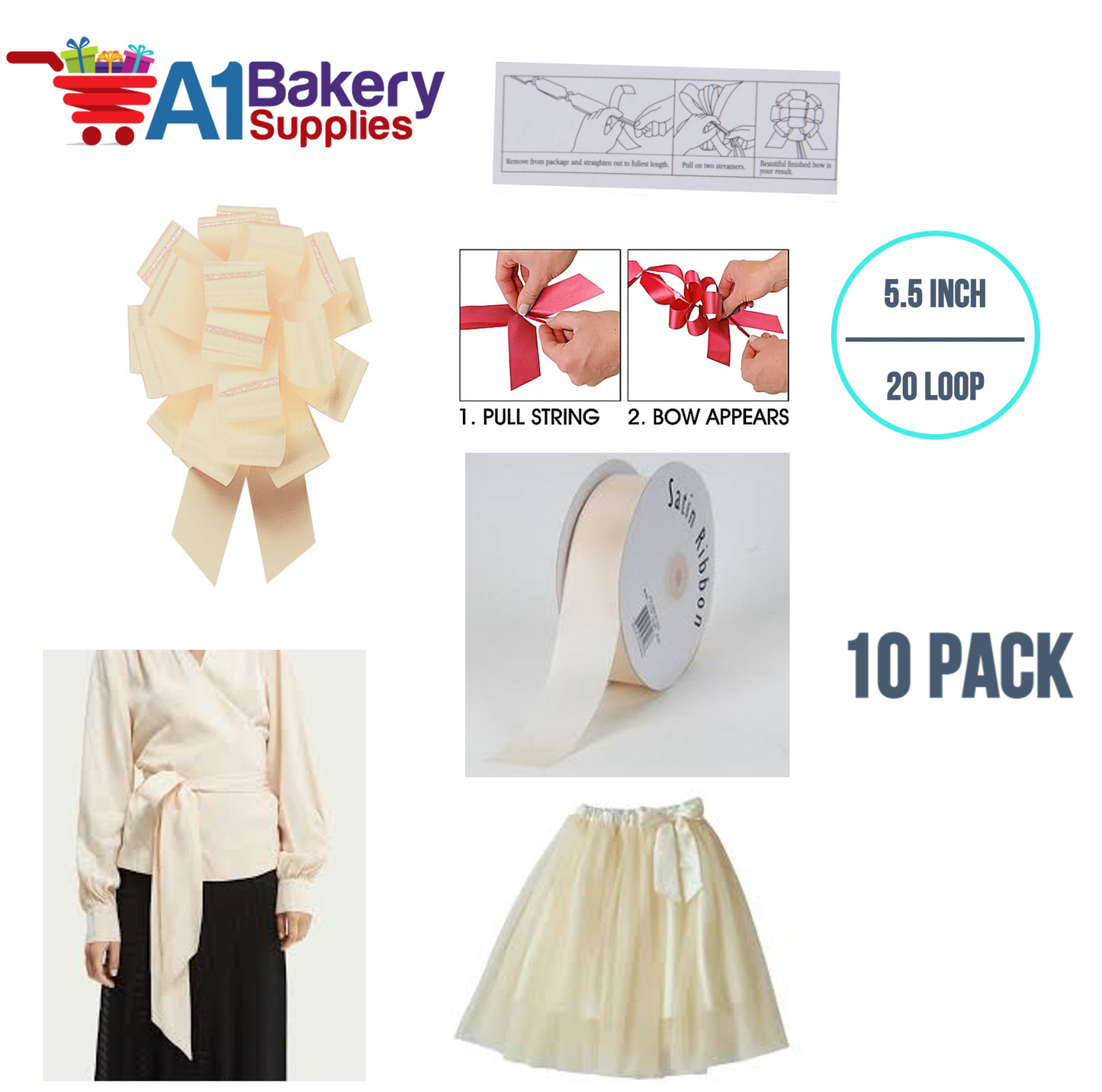 A1BakerySupplies 10 Pieces Pull Bow for Gift Wrapping Gift Bows Pull Bow With Ribbon for Wedding Gift Baskets, 5.5 Inch 20 Loop in Egg Shell Color