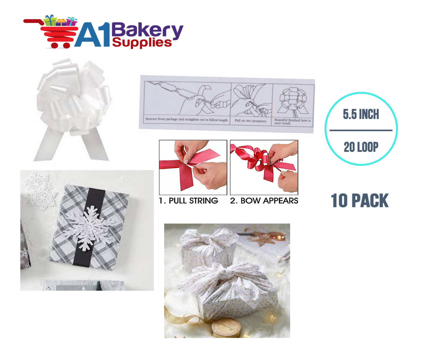 A1BakerySupplies 10 Pieces Pull Bow for Gift Wrapping Gift Bows Pull Bow With Ribbon for Wedding Gift Baskets, 5.5 Inch 20 Loop in White Color