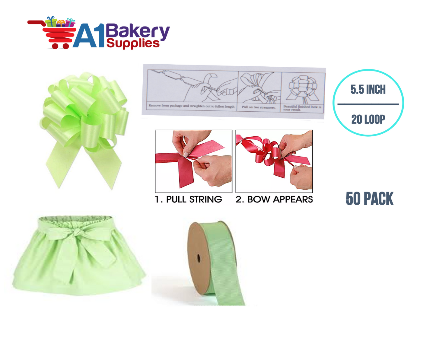 A1BakerySupplies 50 Pieces Pull Bow for Gift Wrapping Gift Bows Pull Bow With Ribbon for Wedding Gift Baskets, 5.5 Inch 20 Loop in Celery Color