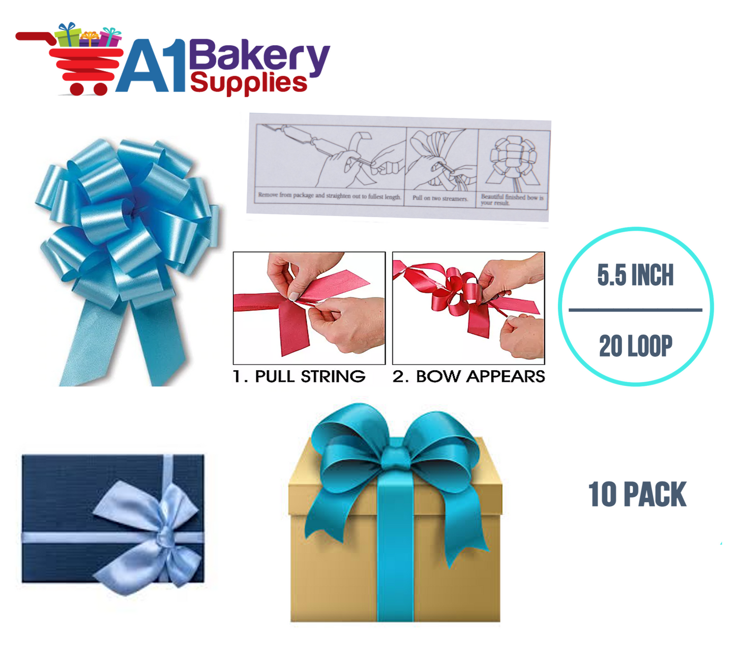 A1BakerySupplies 10 Pieces Pull Bow for Gift Wrapping Gift Bows Pull Bow With Ribbon for Wedding Gift Baskets, 5.5 Inch 20 Loop in Light Blue Color