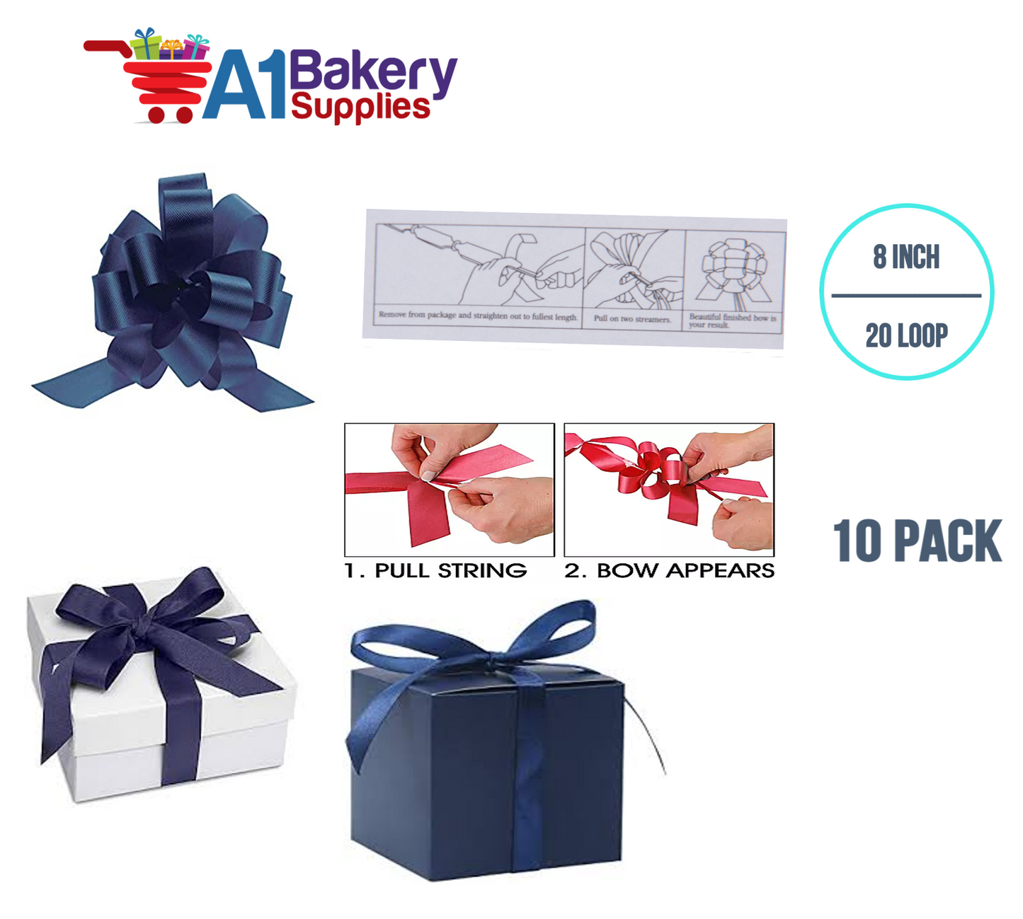 A1BakerySupplies 10 Pieces Pull Bow for Gift Wrapping Gift Bows Pull Bow With Ribbon for Wedding Gift Baskets, 8 Inch 20 Loop Navy Blue Flora Satin Color