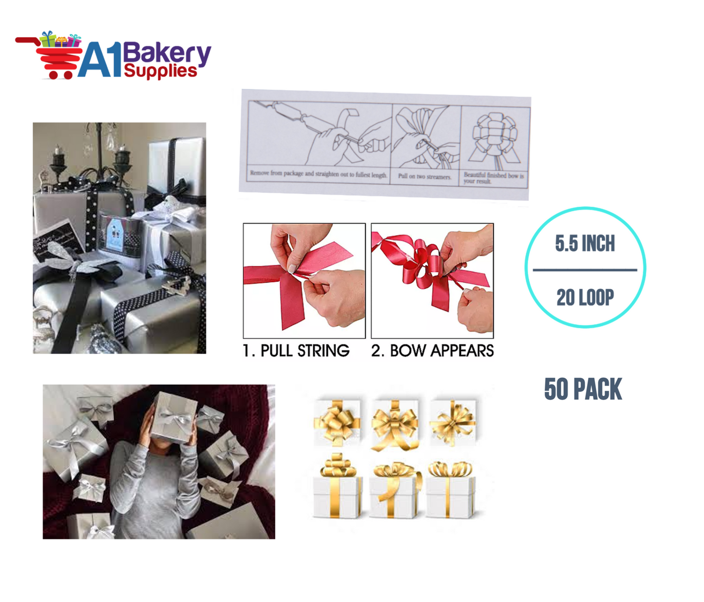 A1BakerySupplies 50 Pieces Pull Bow for Gift Wrapping Gift Bows Pull Bow With Ribbon for Wedding Gift Baskets, 5.5 Inch 20 Loop in Mixed Color